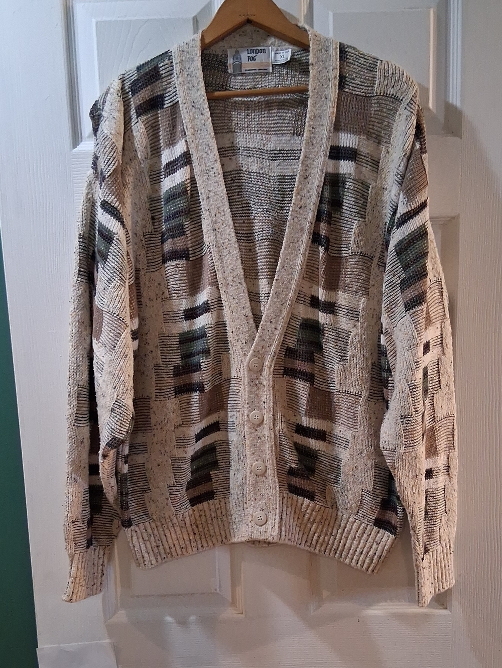London Fog Cream Multi-Pattern Men's Cardigan Sweater Thick